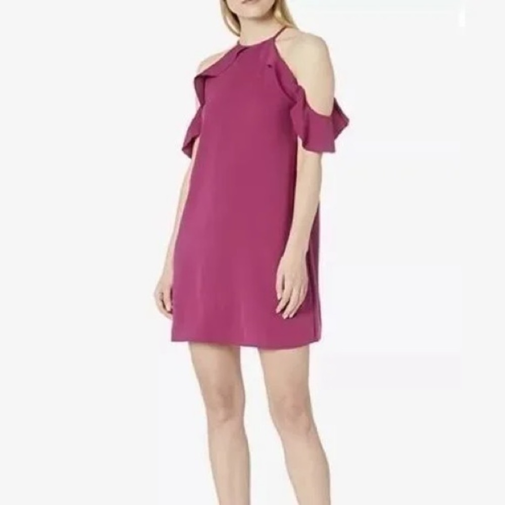 Cooper & Ella pink dress with ruffle peek-a-boo shoulders